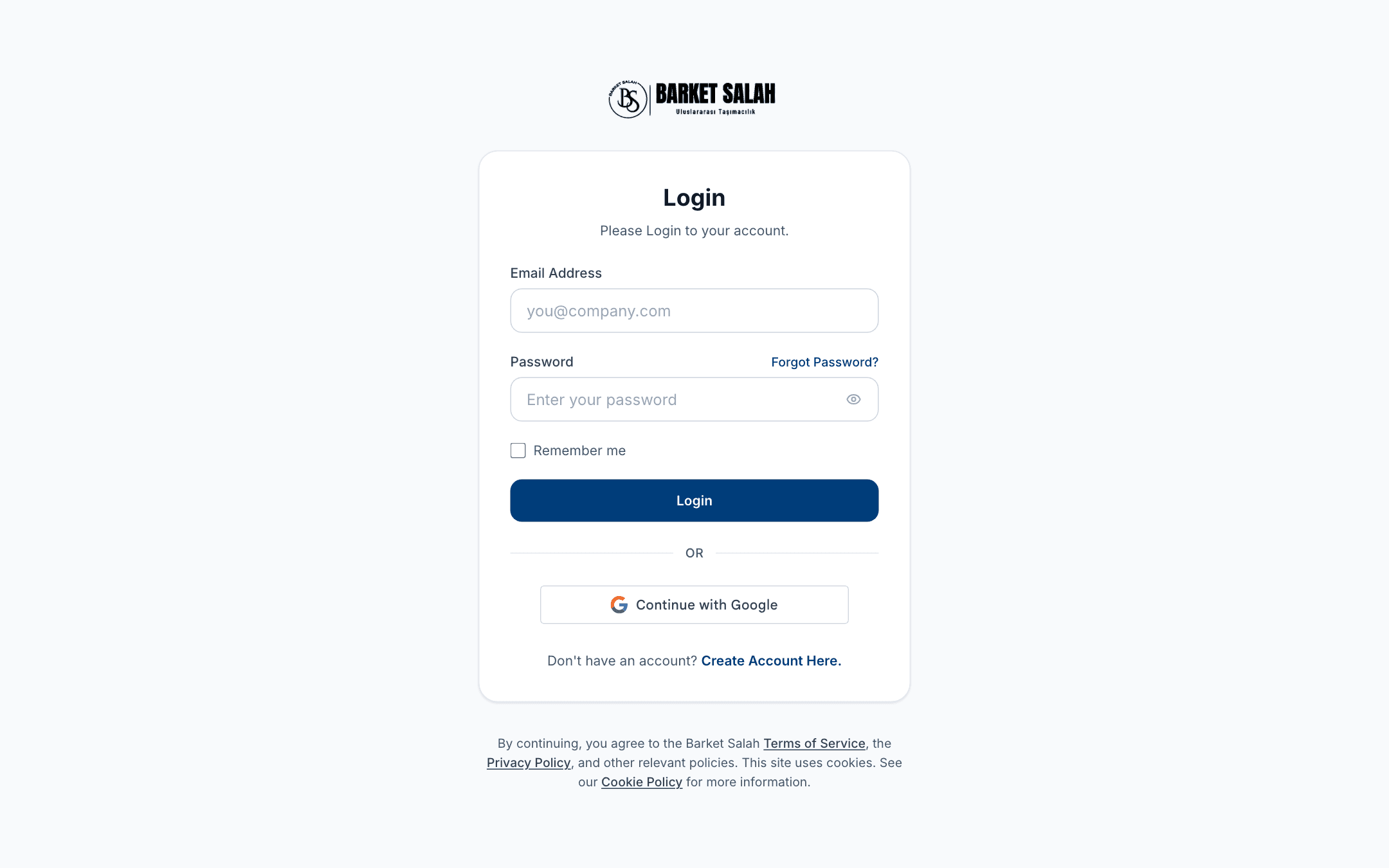 The portal sign-in screen: email and password fields, the Login button, the Google sign-in option and the link to create a new account.