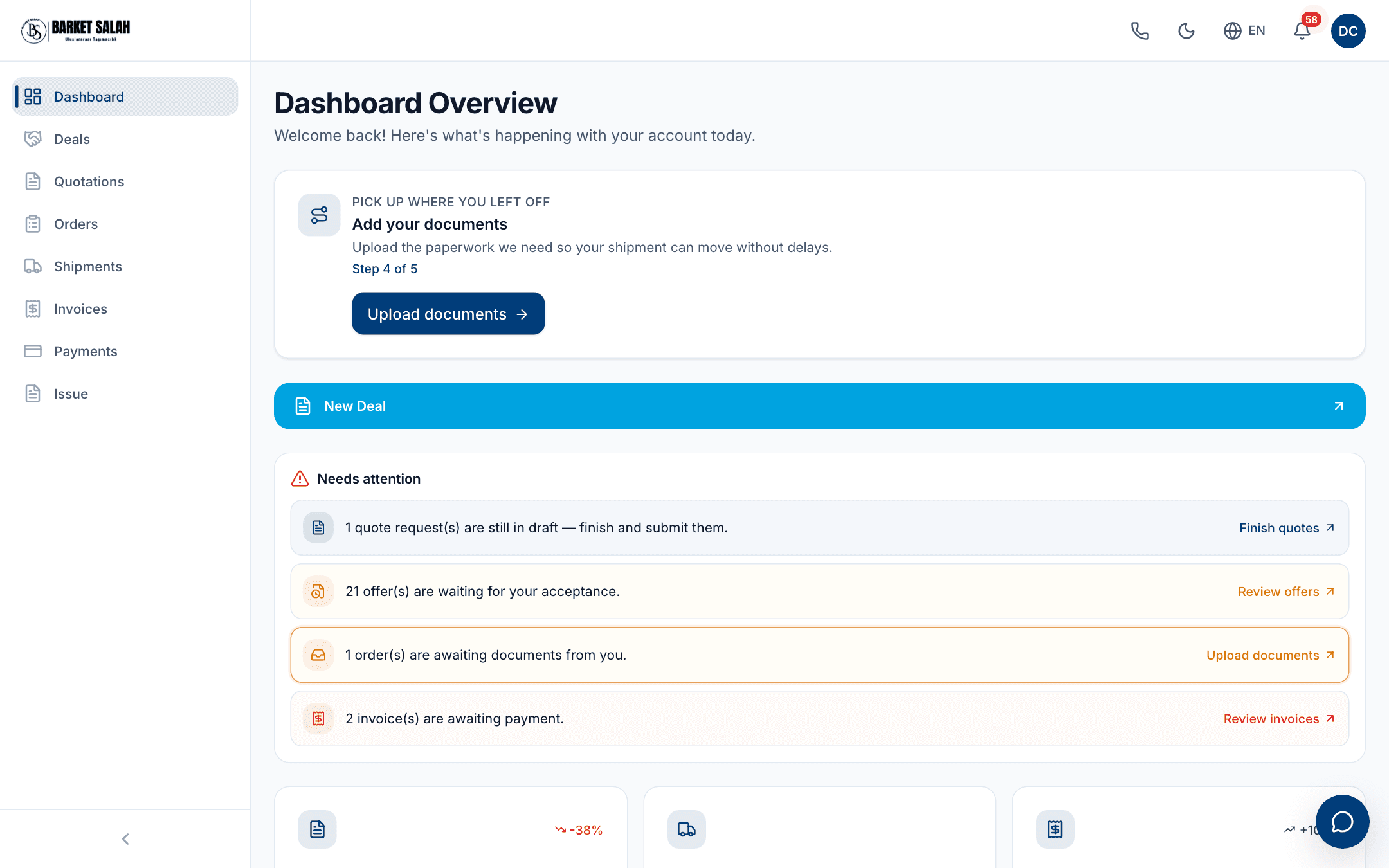 The portal dashboard: the menu down the left, a card to continue where you left off, the wide New Deal band, and the list of things waiting for you.