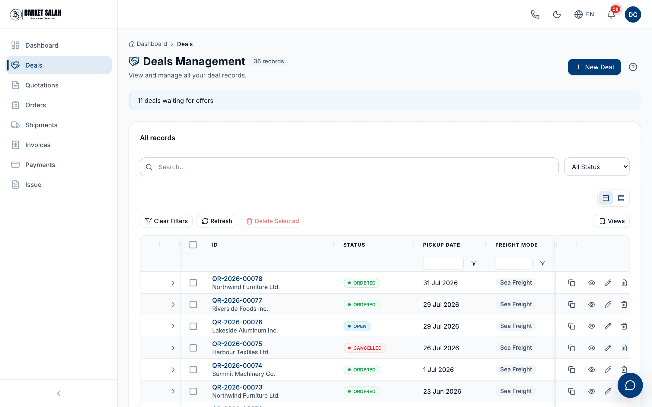The deal request list: the New Deal button, an info bar saying how many requests are waiting for offers, the search box, the status filter and coloured status badges.