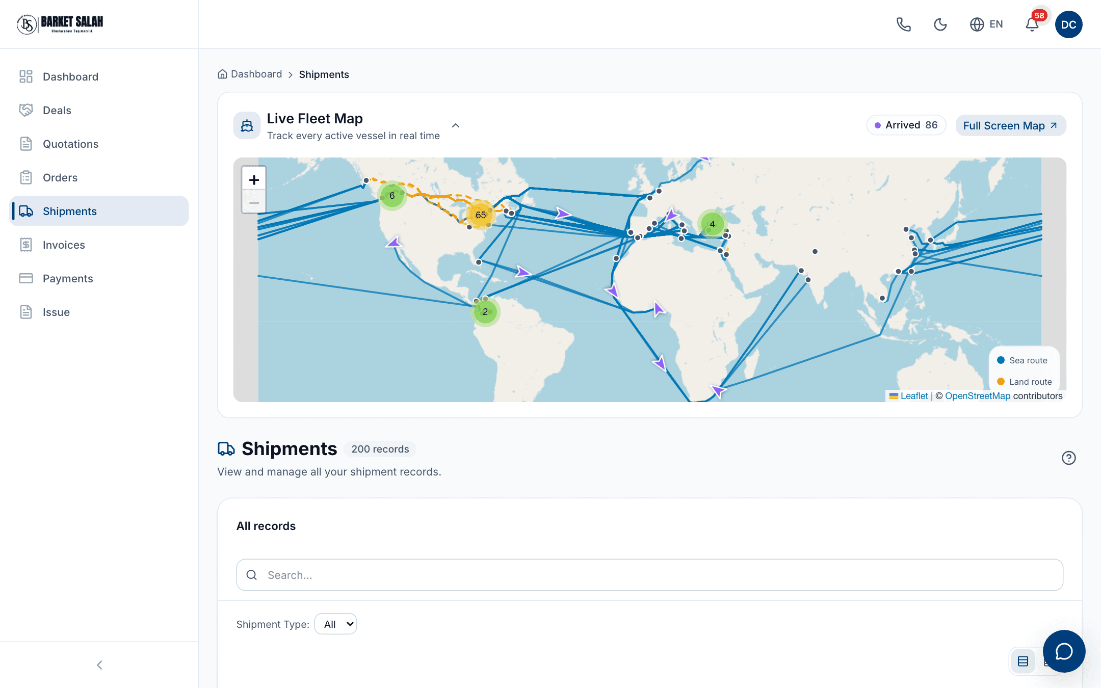 The Shipments page: the live fleet map with vessel status chips at the top, and the search box, the type filter and the shipment list below it.