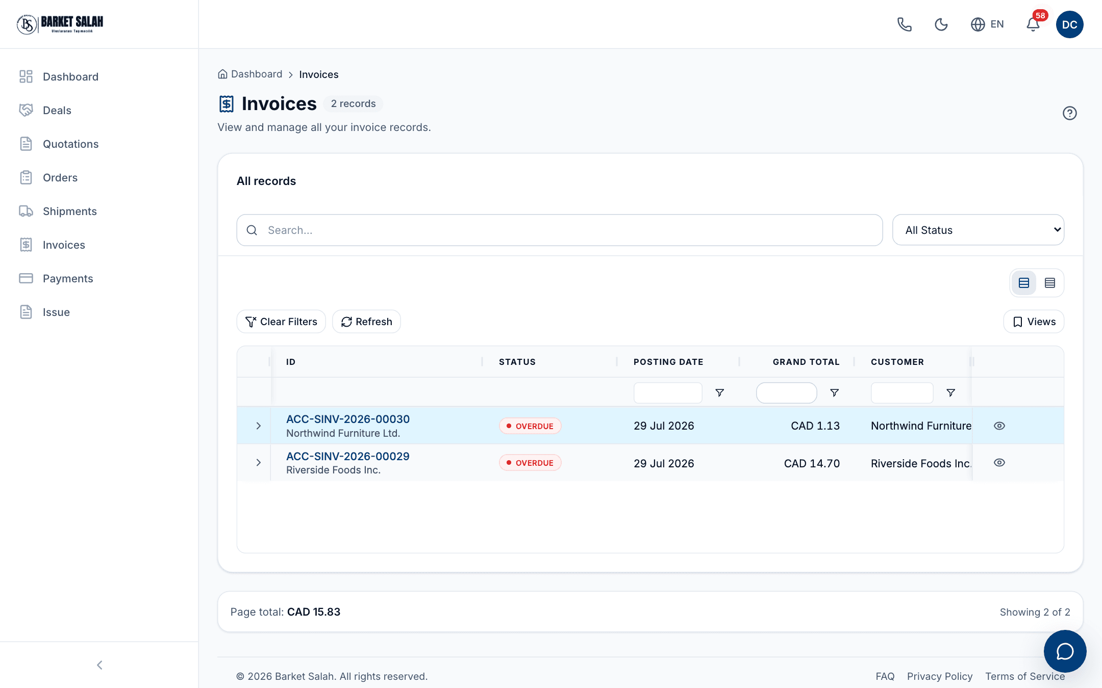The invoice list: the search box, the status filter, the clear-filters button and a table with the invoice number, status, date and amount columns.