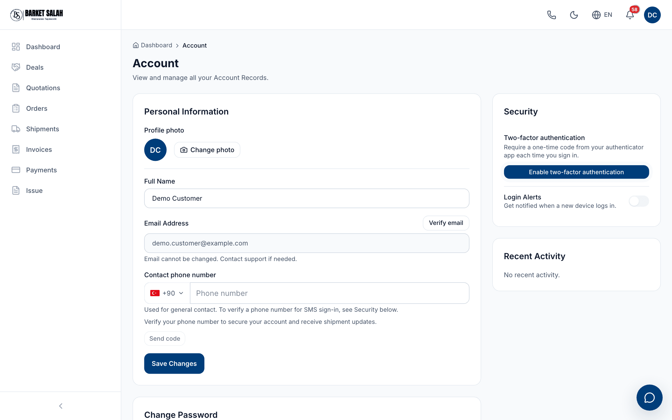 The Account page: the profile photo and personal information card on the left, and the security card that manages two-factor authentication and login alerts on the right.